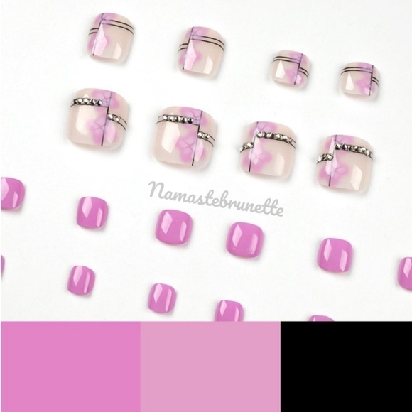2/$16 Pink Floral Rhinestone Press on Toenails - Picture 7 of 17